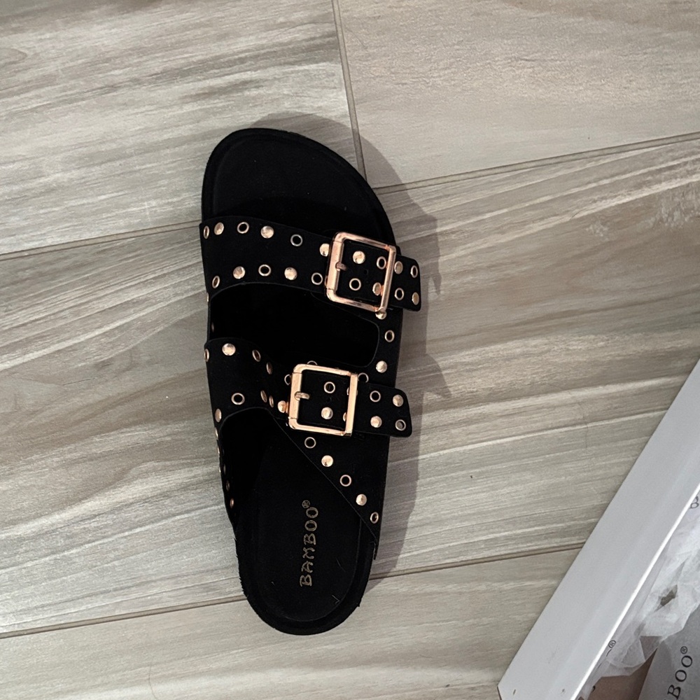 BAMBOO Black and Gold Buckle Sandals